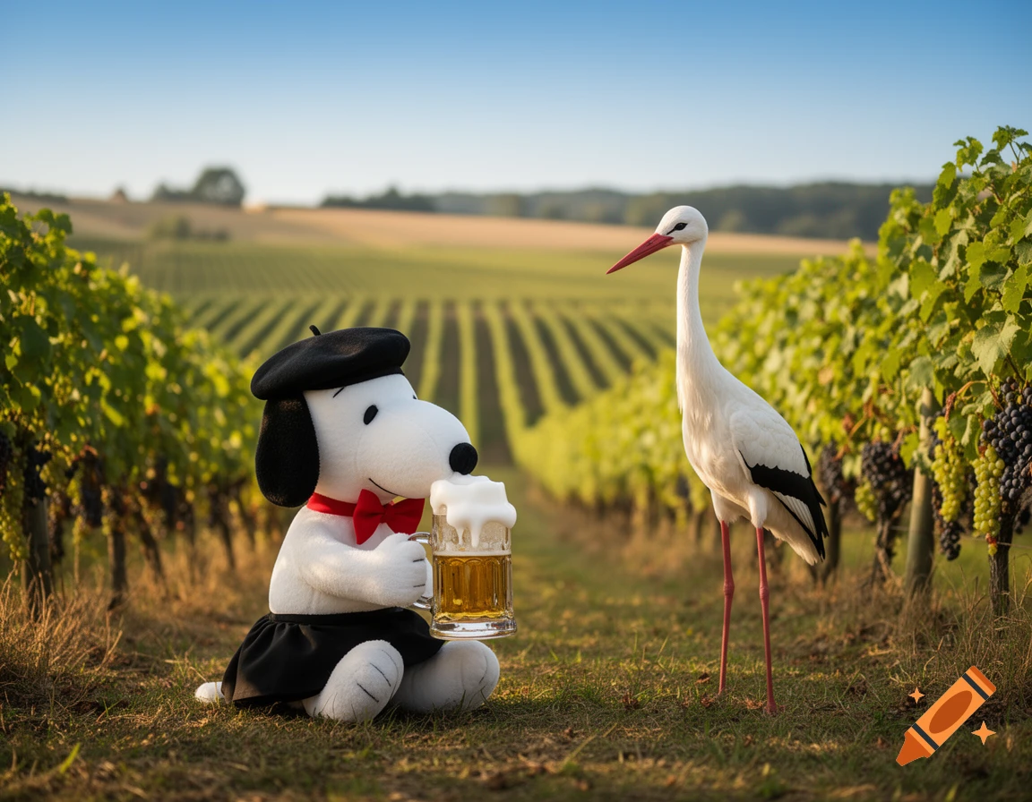 A photorealistic image of a Snoopy plushie in a beret and skirt holding a beer, next to a stork in a sunny vineyard.