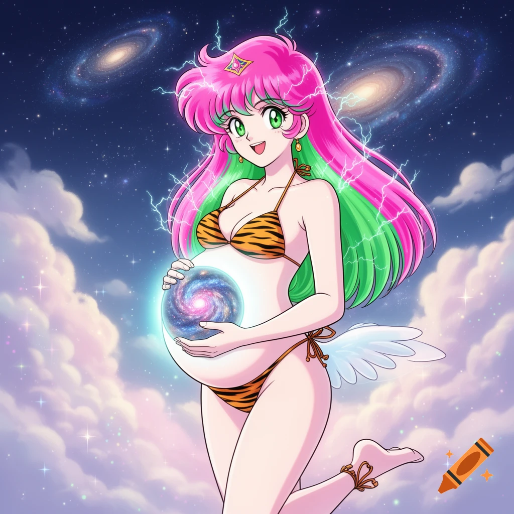 Anime woman with pink/green hair, tiger-stripe bikini, cradles pregnant belly holding a galaxy, amidst cosmic sky with clouds and lightning.