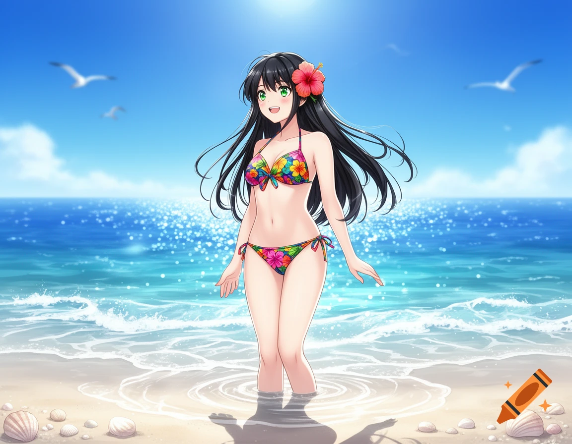 Anime girl with long black hair and a red hibiscus flower in a floral bikini stands in shallow ocean water on a sunny beach.