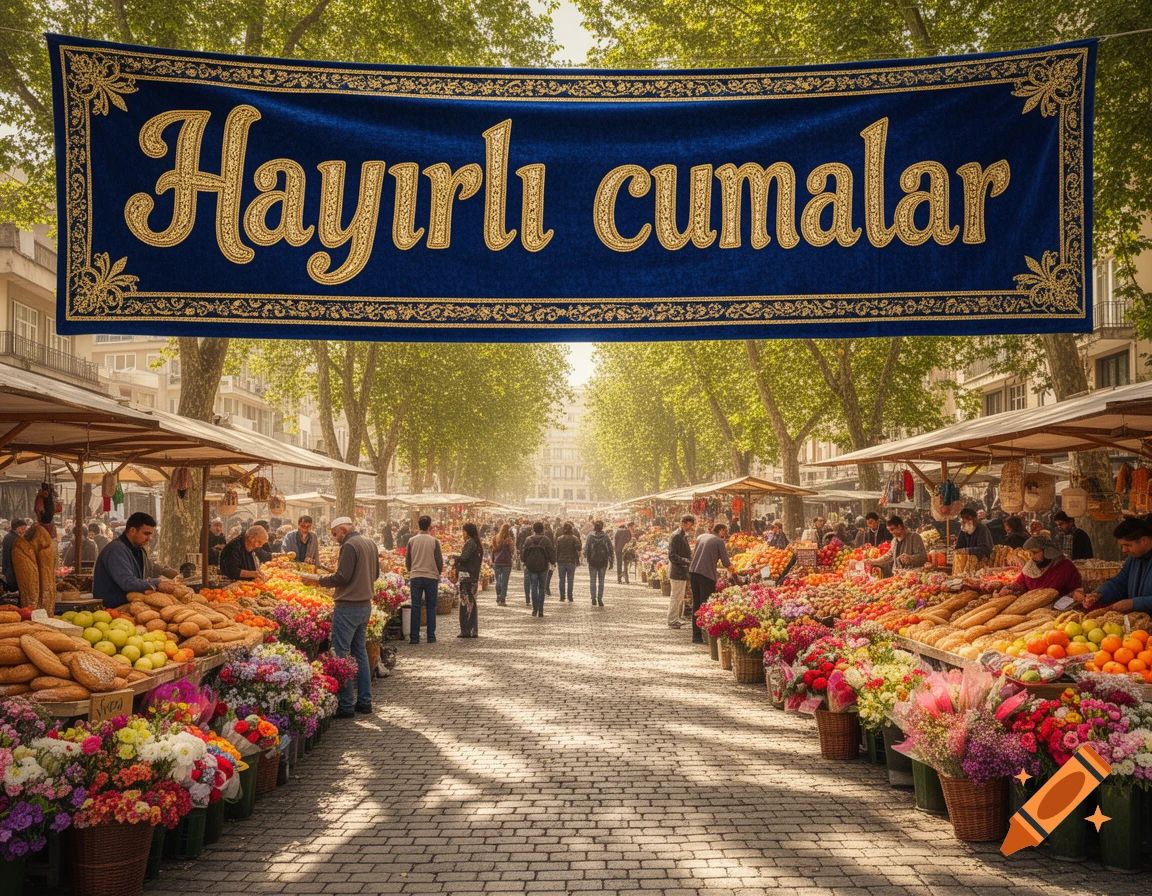 A vibrant street market scene with vendors, shoppers, and stalls overflowing with fresh produce and colorful flowers, under a blue banner reading "Hayırlı cumalar".