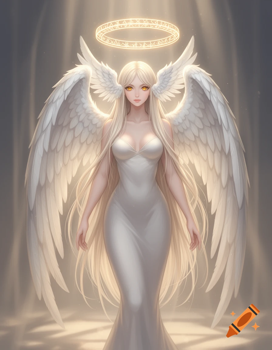A fantasy anime-style angel with long blonde hair, golden eyes, large white wings, and a glowing runic halo.