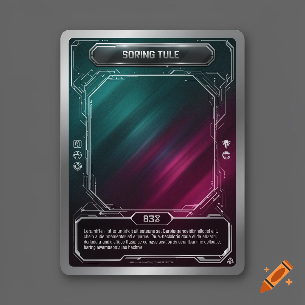 A modern trading card game template with a metallic border and a teal and magenta background, featuring a card name, a number, and gibberish text for description.