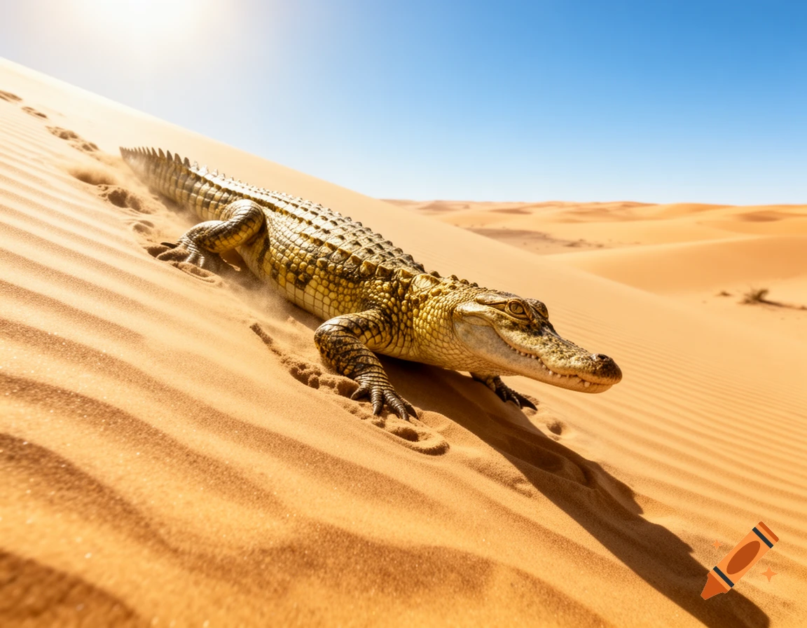 A photorealistic crocodile crawls up a sunny sand dune, leaving tracks in a vast desert landscape under a clear blue sky.