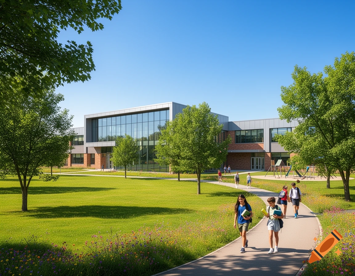 Students walk on a path towards a modern school building with a glass facade, surrounded by green lawns and trees on a sunny day.