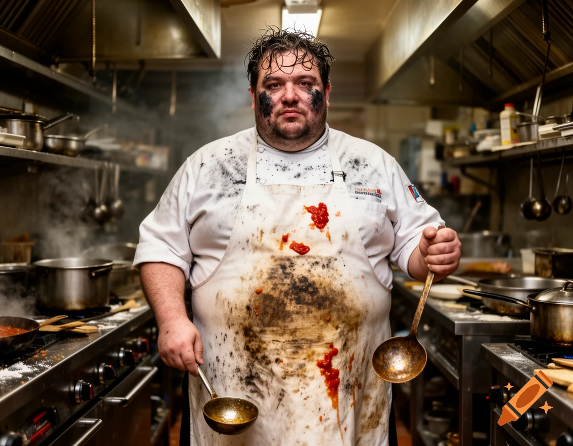 Obese chef covered in grime and food stains, holding ladles in a messy industrial kitchen, hyperrealistic style.