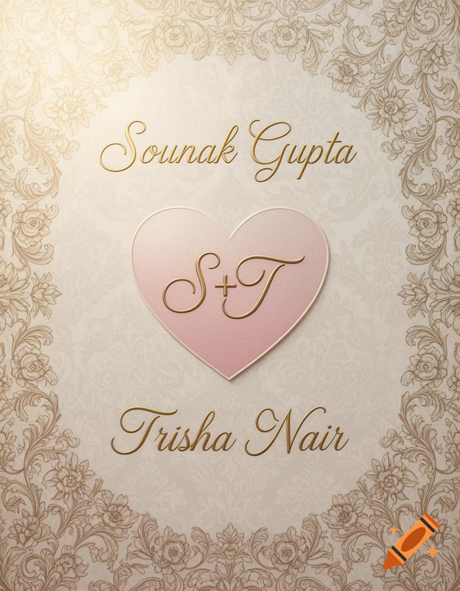 A cream wedding poster with gold floral patterns, featuring 'Sounak Gupta' and 'Trisha Nair' in elegant gold script, with 'S+T' inside a pink heart.