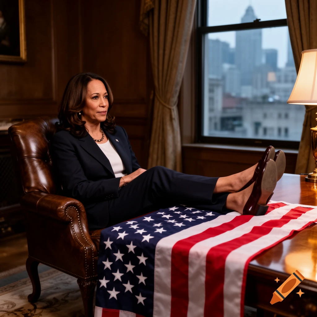 Kamala Harris sits in an office chair with her feet resting on an American flag draped over a desk.