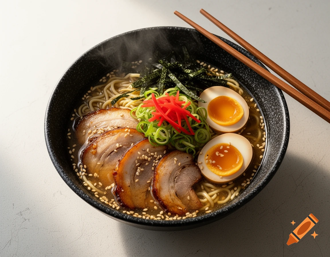 A steaming bowl of photorealistic ramen with chashu pork, soft-boiled egg, noodles, nori, green onions, red pickled ginger, and sesame seeds.