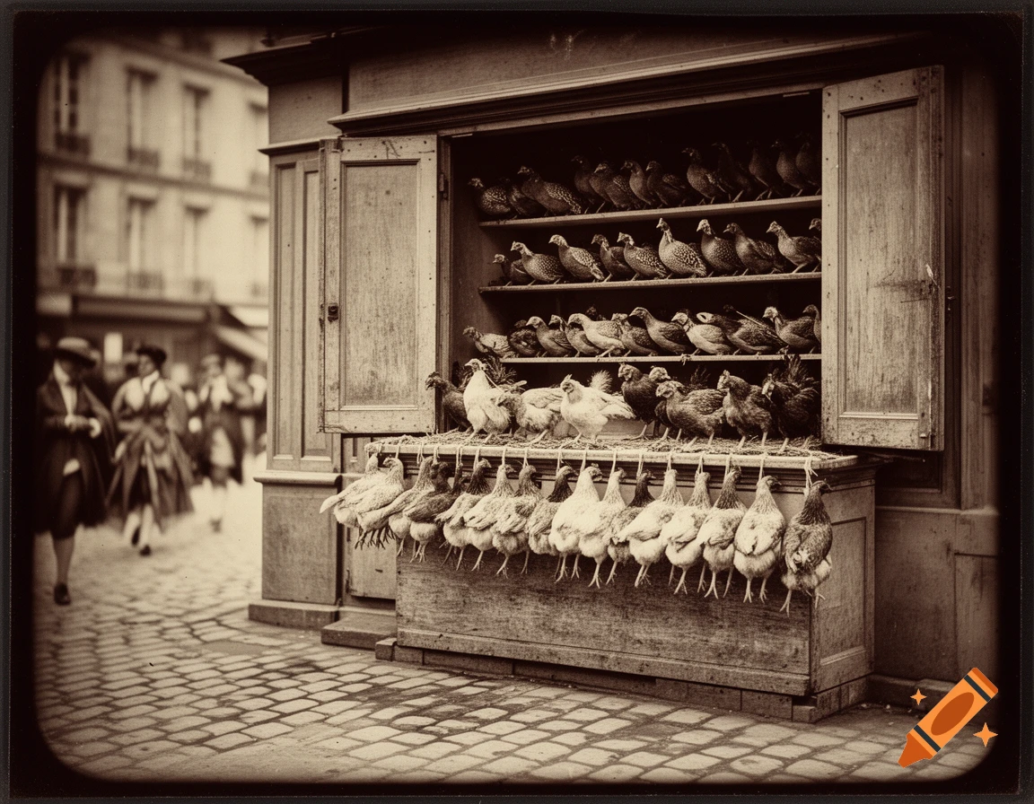 A sepia-toned daguerreotype shows a poultry dealer's display on a cobbled street in 18th-century Paris, with dead birds hanging and on shelves.