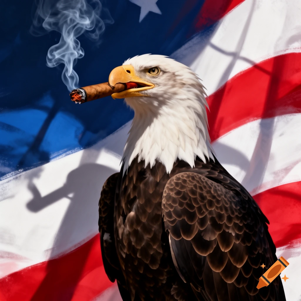 A majestic bald eagle smoking a cigar, with wisps of smoke rising, set against a backdrop of a waving American flag.