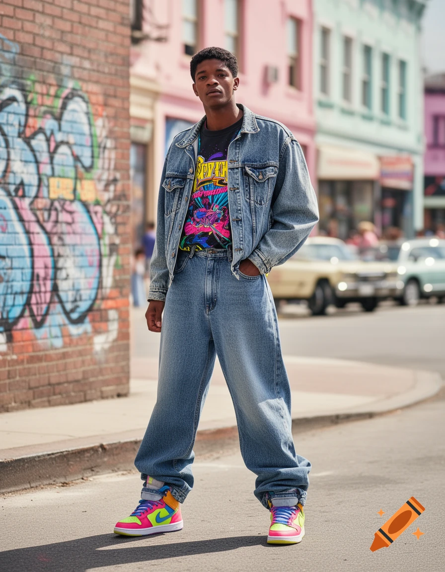 A young man in 90s streetwear, including a denim jacket, baggy jeans, and colorful sneakers, stands on a street with graffiti and pastel buildings.