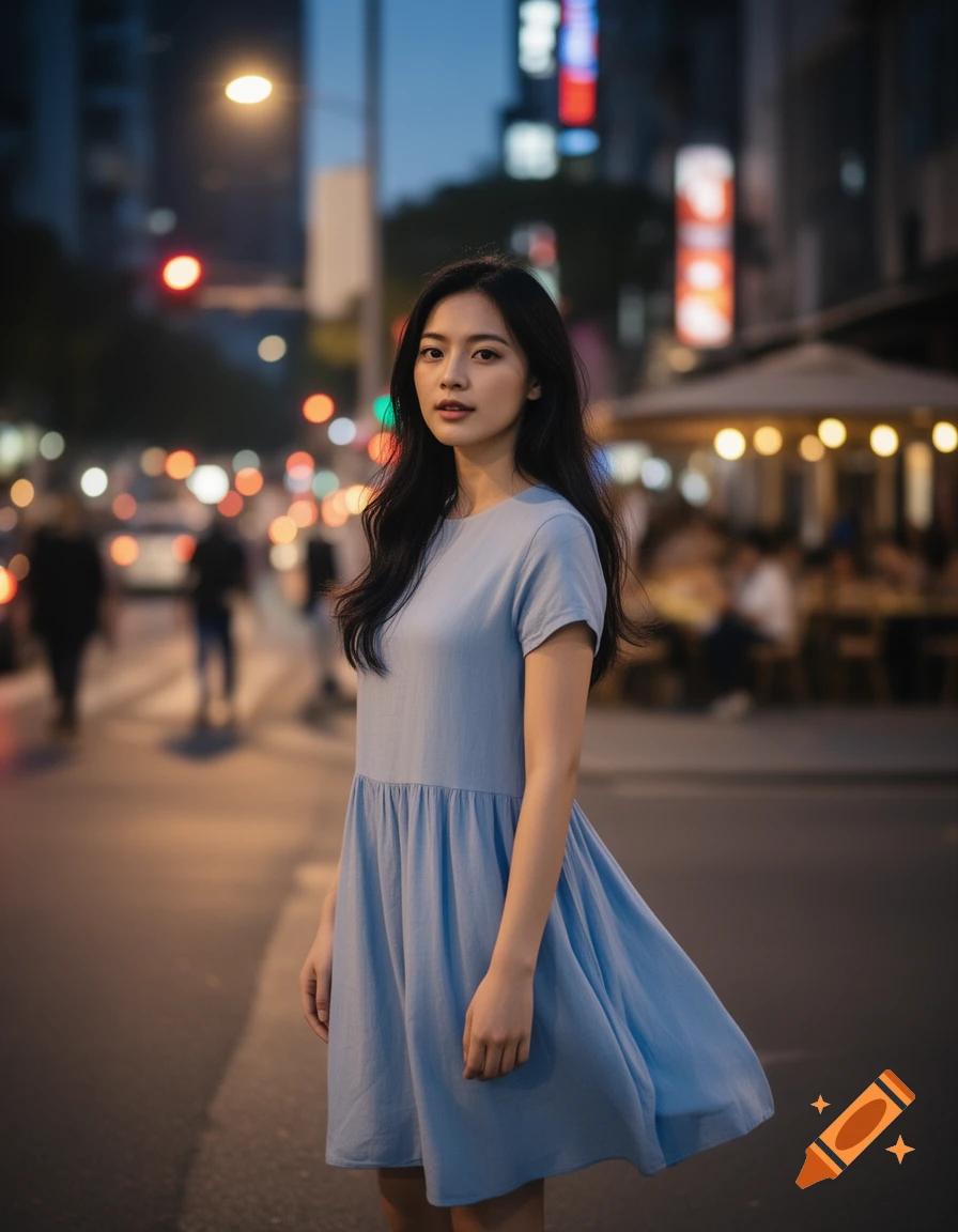 Young woman in a light blue dress stands on a city street at night, looking at the viewer with bokeh lights in the background.