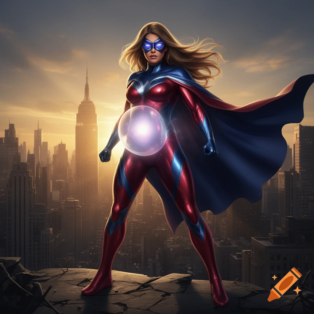 A female superhero in a red and blue suit with a glowing orb at her belly stands on a rooftop overlooking a city at sunset.