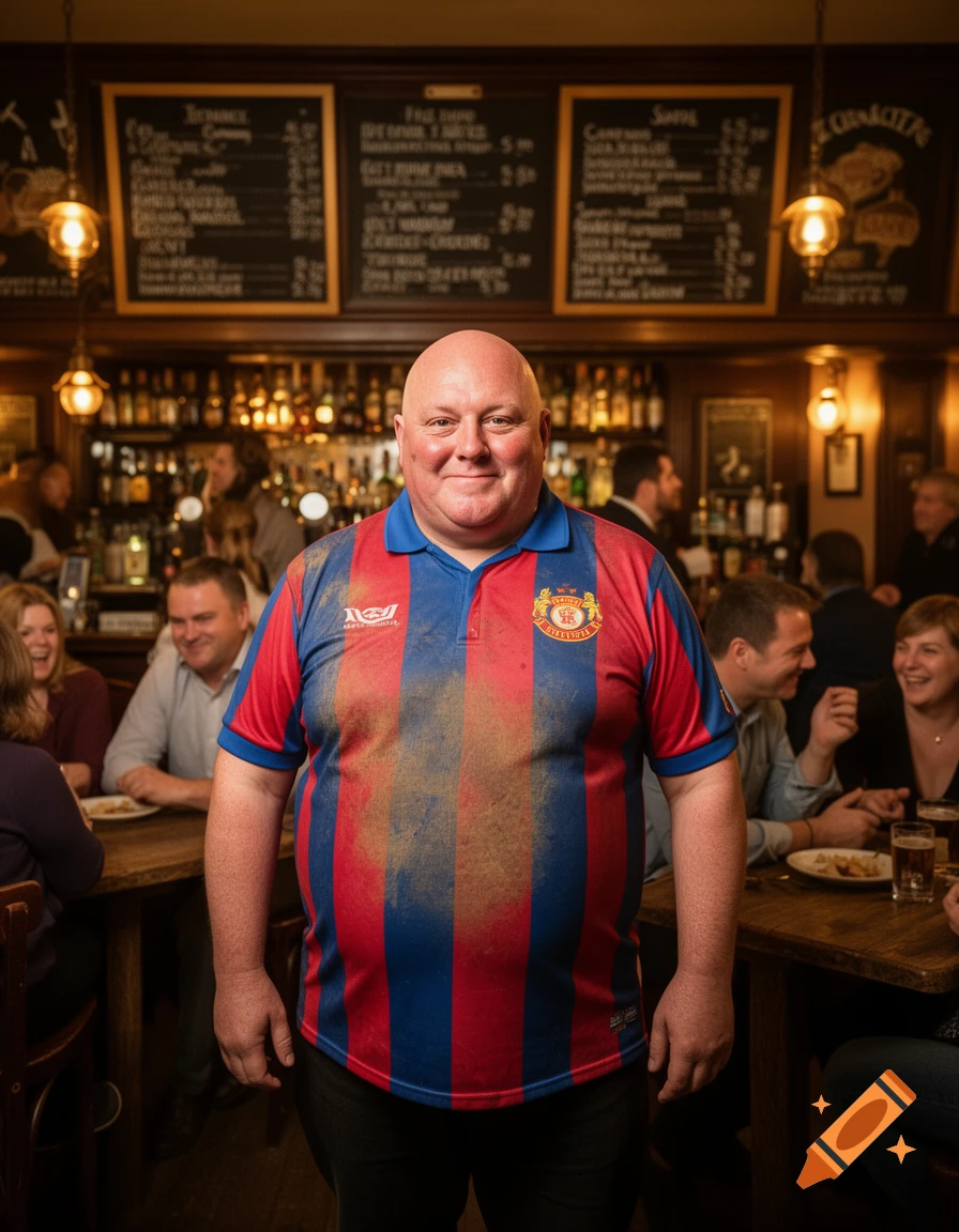 A bald, smiling man in a red and blue striped football shirt stands in a lively, dimly lit pub, with patrons in the background.