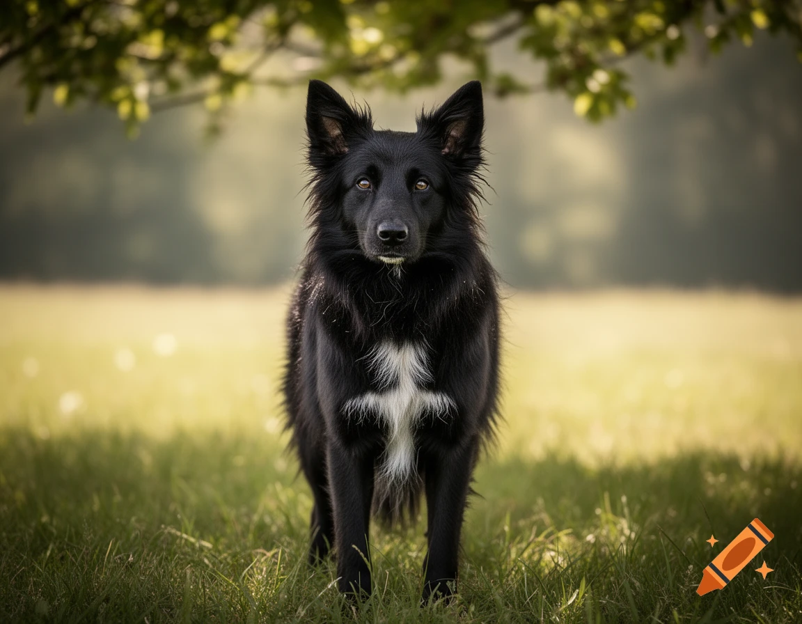 A black dog with a white chest stands in a sunlit grassy field, looking directly at the viewer. Blurred green leaves are above.