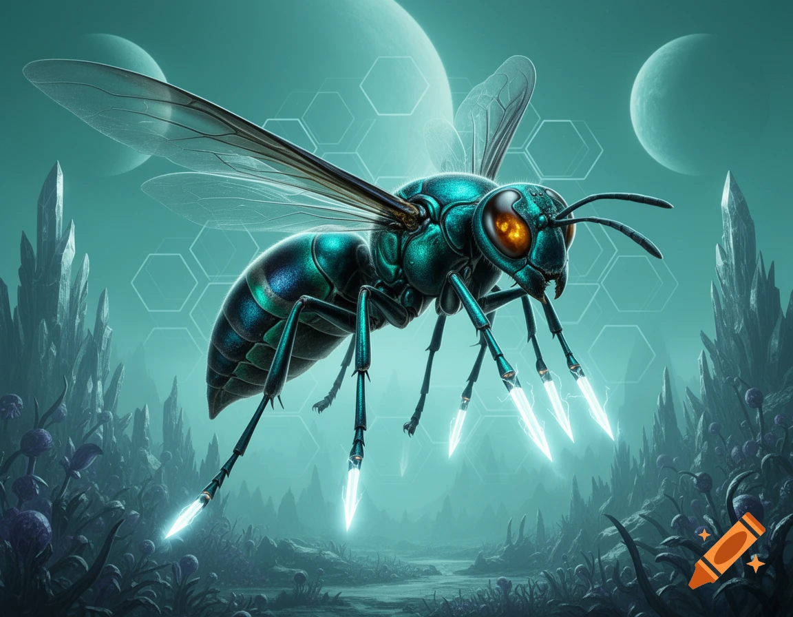 A metallic, iridescent alien wasp with glowing blade-like stingers on its legs hovers over an alien landscape with spiky plants and multiple moons.