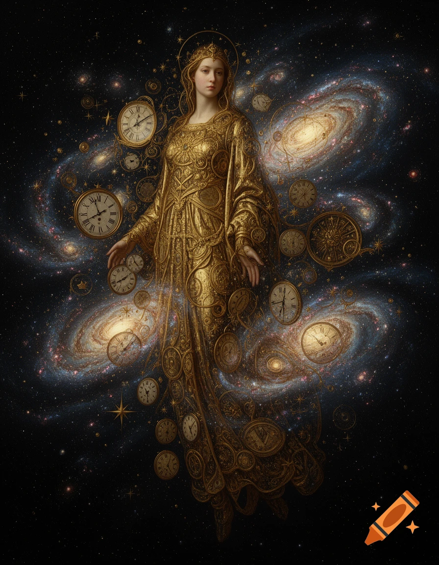 A mysterious woman in ornate golden robes floats amidst galaxies and antique clocks in a surreal cosmic setting.