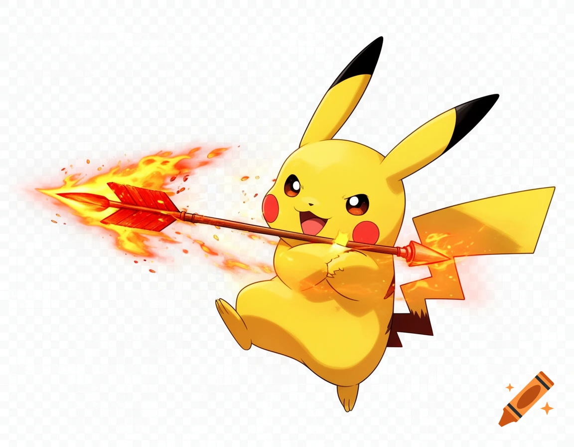 Pikachu, a yellow cartoon character, holds a flaming red arrow, with a fiery trail extending from its tip, on a transparent background.
