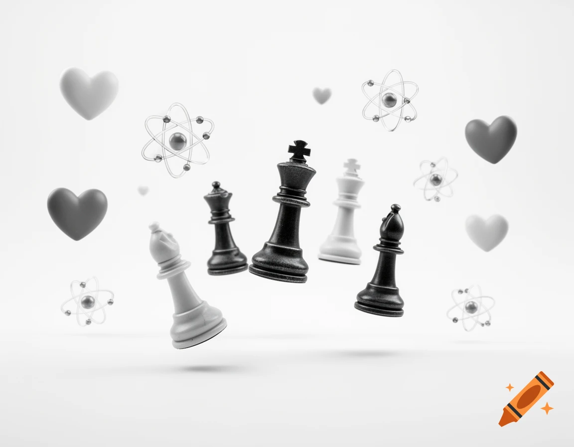Black and white chess pieces, gray hearts, and atom models float against a bright white background in a conceptual arrangement.