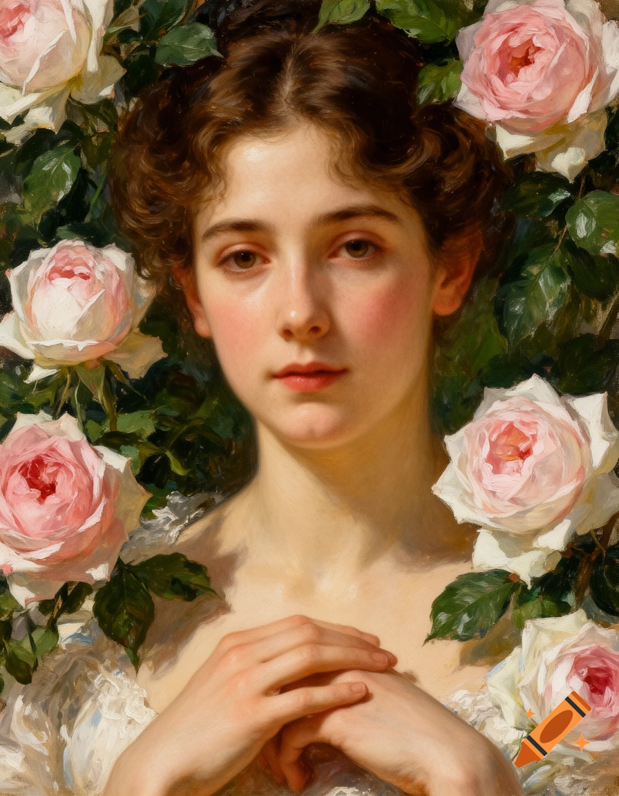 Classical oil painting of a young woman with clasped hands, surrounded by pink and white roses and green foliage.