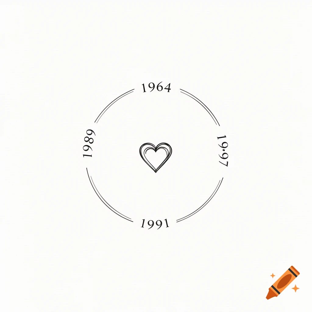 A minimalist fineline illustration with a central heart, surrounded by a double-line circle containing the years 1964, 1989, 1991, and 1997.