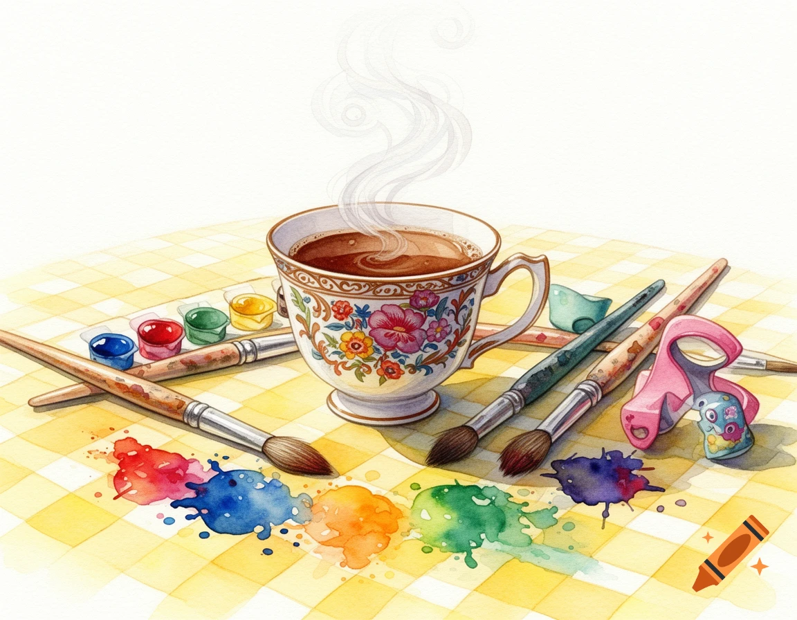 Watercolor painting of a steaming floral teacup, paintbrushes, colorful paint splatters, and baking tools on a yellow checkered tablecloth.