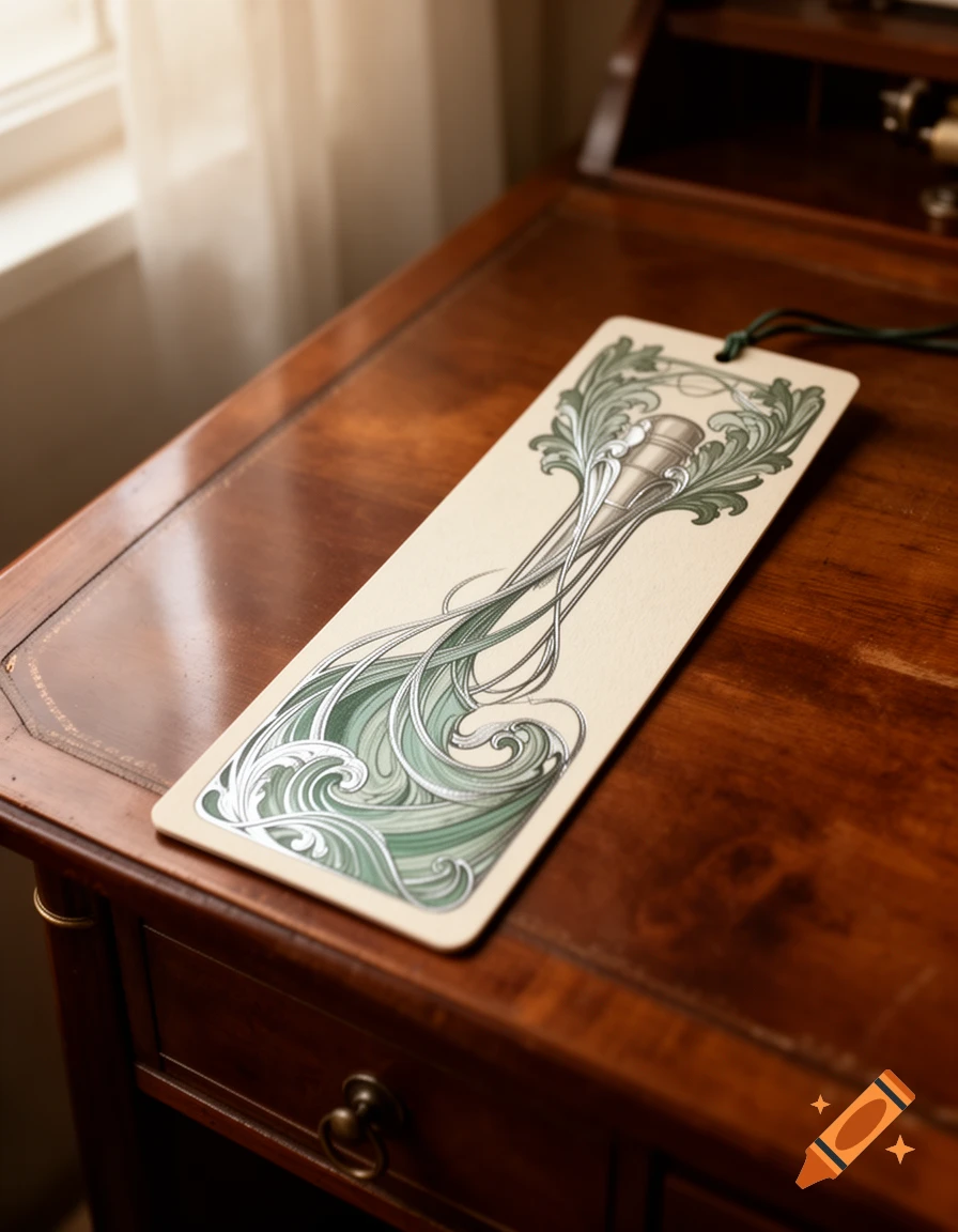 An Art Nouveau bookmark with a stylized green and white design rests on a polished wooden desk near a sunlit window.