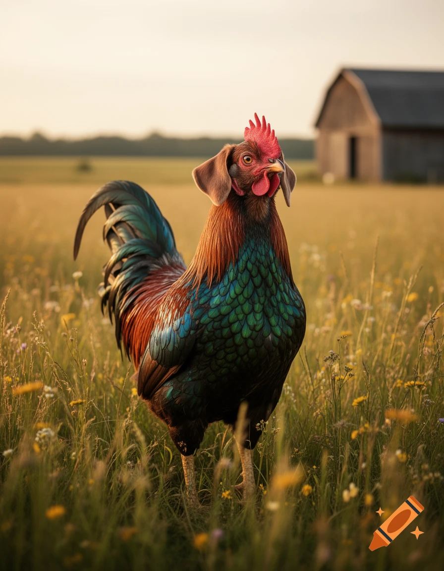 A chicken with dog ears and facial features stands in a field with wildflowers and a barn under a soft sunset sky.