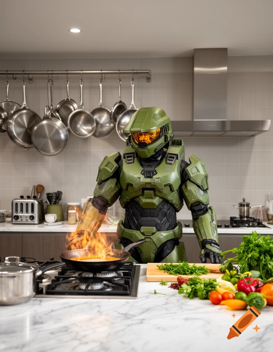 Photorealistic Master Chief in a modern kitchen, expertly stir-frying with a flaming pan, surrounded by fresh vegetables.