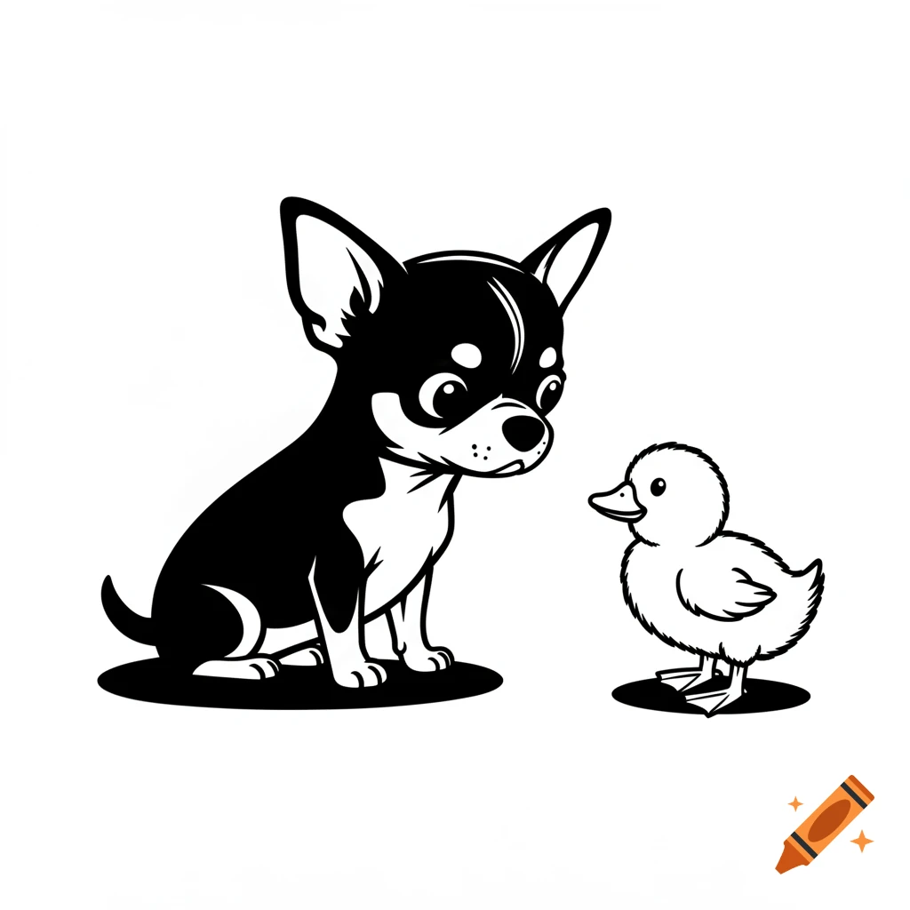 Black and white minimalist illustration of a cute chihuahua dog looking surprised at a small baby duckling.