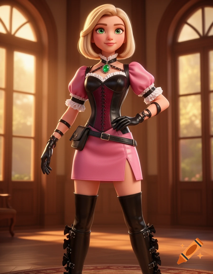 A 3D animated woman with a blonde bob, green eyes, pink and black corset dress, and thigh-high boots, in a sunlit manor.