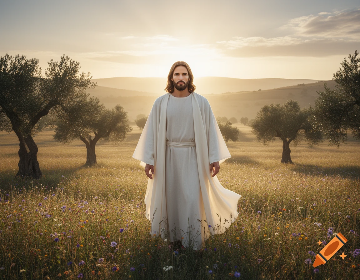 Jesus Christ in a white robe stands in a sunlit field with wildflowers and olive trees at sunset, photorealistic.