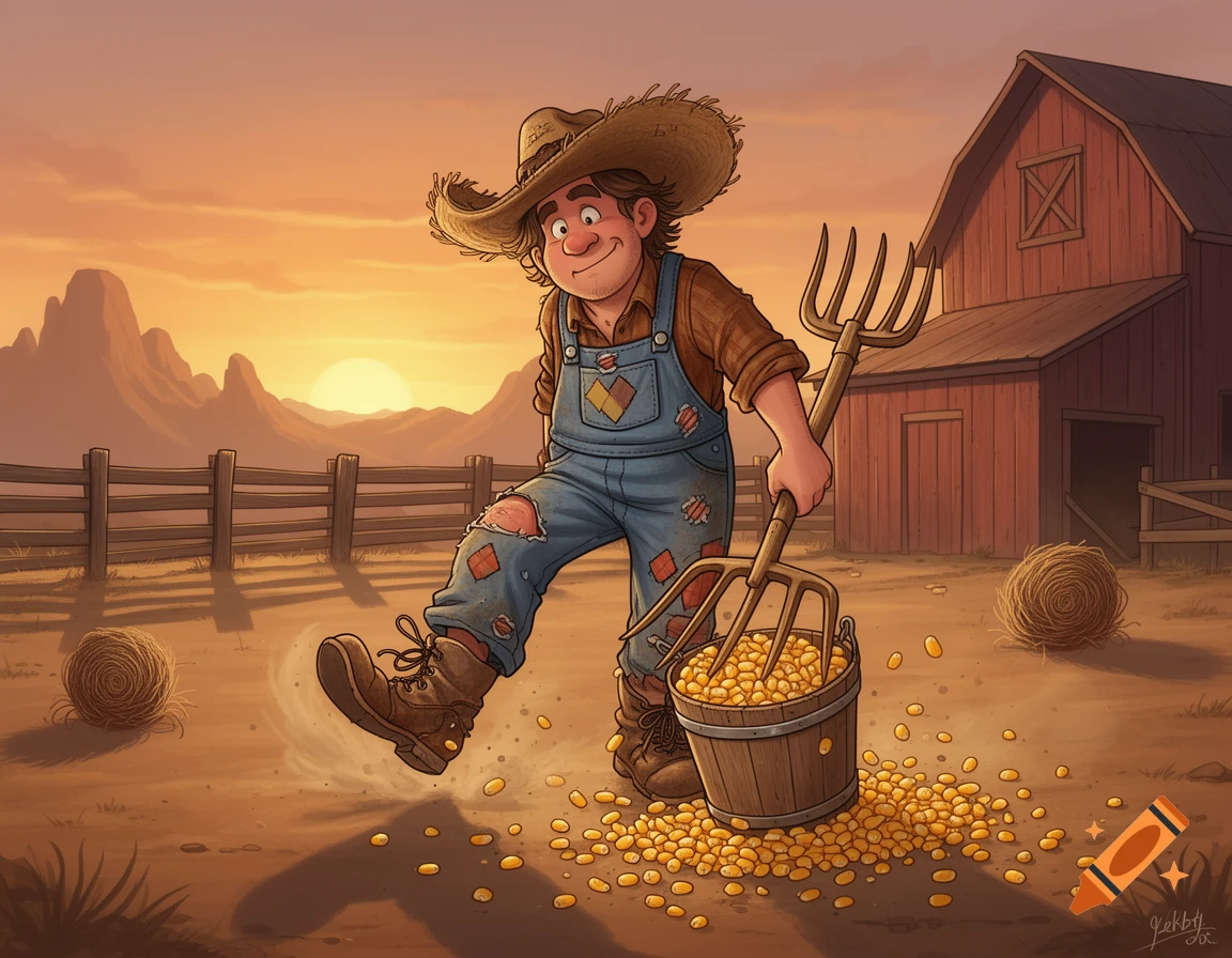 Clumsy cartoon farmer spills corn from a bucket in a dusty farmyard at sunset, with a barn and mountains in the background.
