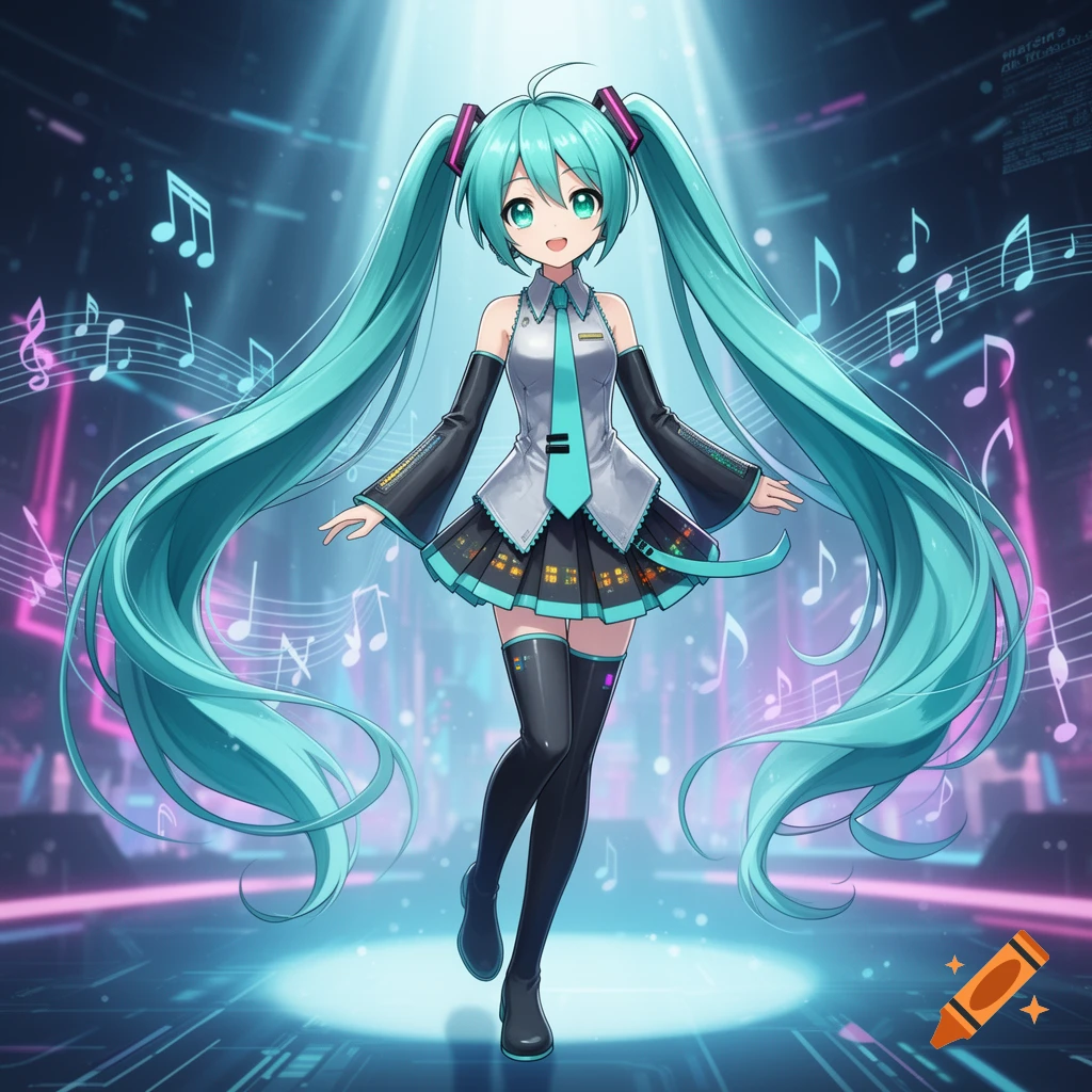 Anime-style Hatsune Miku with long turquoise pigtails, wearing a futuristic outfit, standing on a glowing digital stage surrounded by musical notes.
