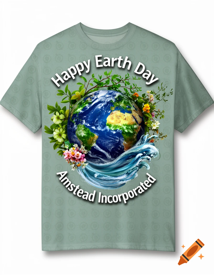 Earth Day design on a light green t-shirt featuring a detailed globe surrounded by green foliage, colorful flowers, and a wave, with the text 'Happy Earth Day' and 'Amstead Incorporated'.