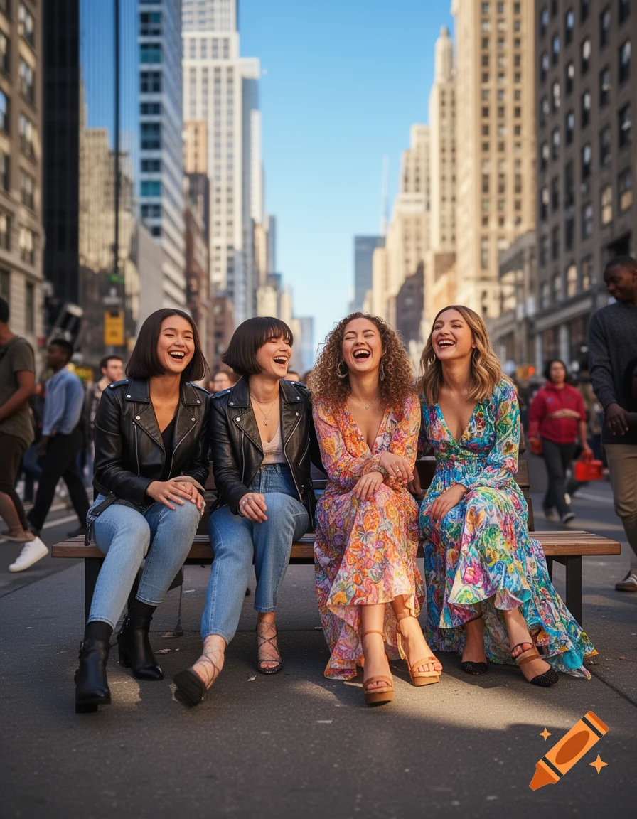 Four young women in stylish outfits laugh on a bench on a sunny city street.