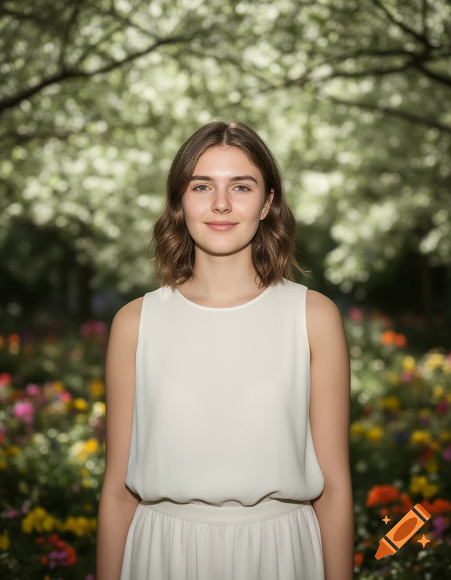 A young woman with brown hair smiles, wearing a white top and skirt, in a lush garden with trees and colorful flowers.