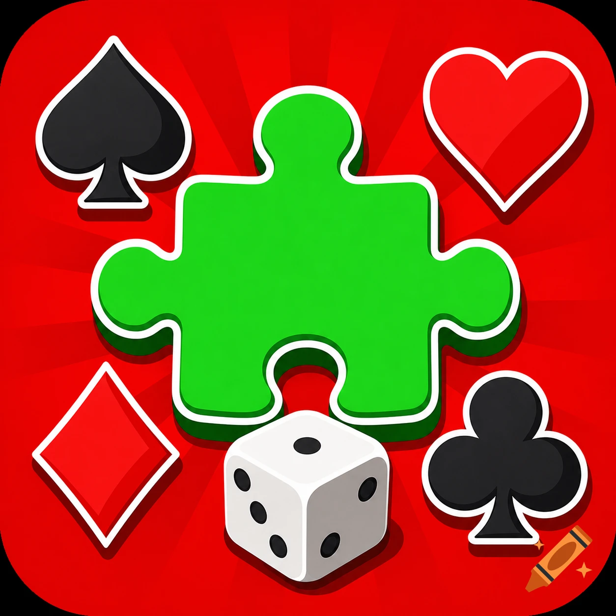 A vibrant red app icon featuring a bright green puzzle piece, a white dice, and black spade/club, red heart/diamond poker suit symbols.