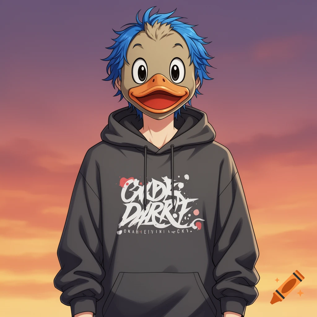 Anime boy with blue hair wearing a gray hoodie with text, a duck mask, against a sunset sky.