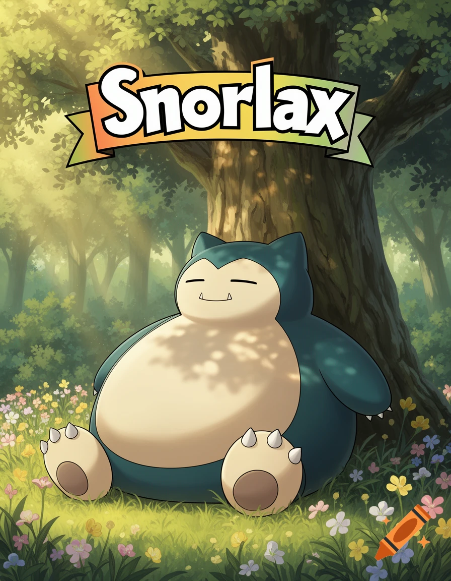 Snorlax sleeping peacefully under a large tree in a sun-dappled forest, surrounded by colorful wildflowers, with a banner reading "Snorlax" above.