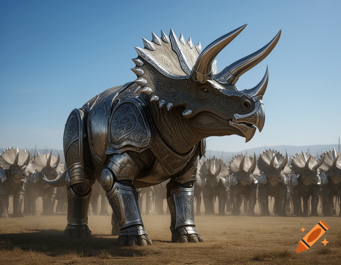 A regal, armored triceratops stands prominently in a field, with an army of similarly armored triceratops behind it under a clear sky.
