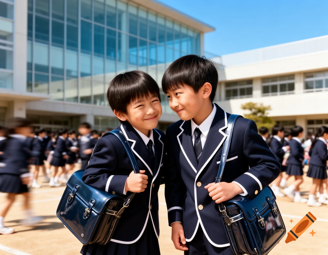 Two smiling Japanese schoolboys in navy uniforms with white trim and dark school bags, standing outside a modern school building.