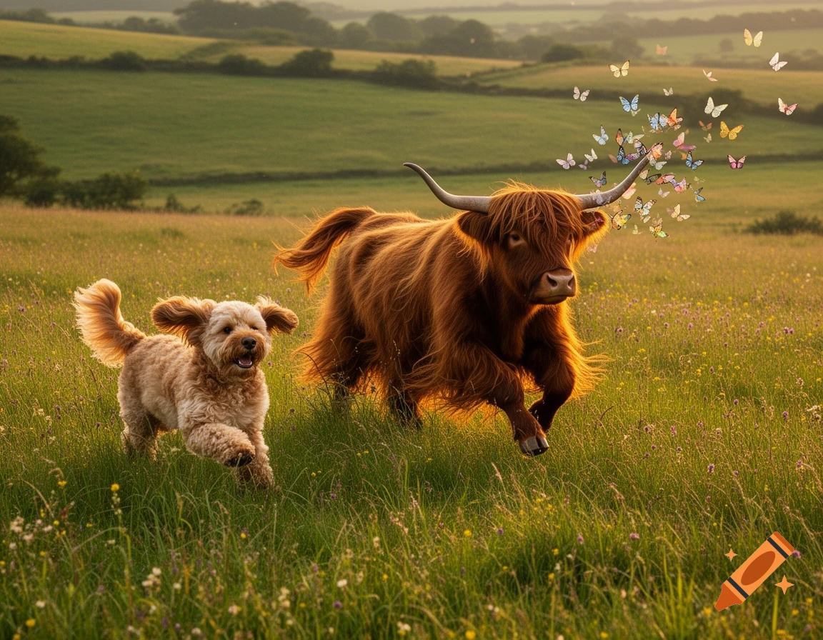 A fluffy cockapoo and a shaggy Highland cow run through a grassy field with colorful butterflies.