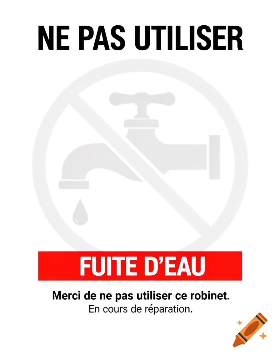 A professional white warning sign with a light grey crossed-out faucet pictogram. Text reads "NE PAS UTILISER", a red banner says "FUITE D'EAU", and "Merci de ne pas utiliser ce robinet. En cours de réparation."