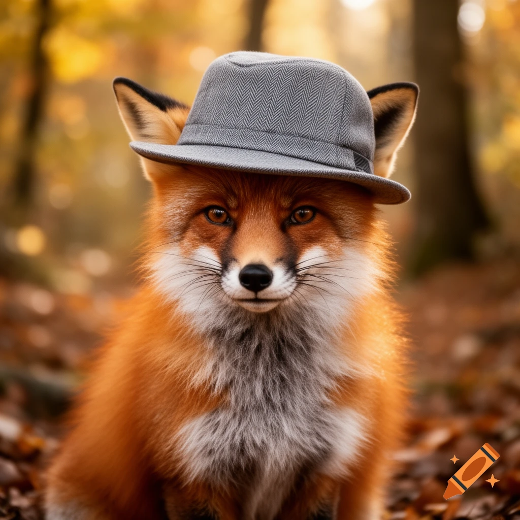 A photorealistic fox wearing a grey fedora hat in an autumn forest.