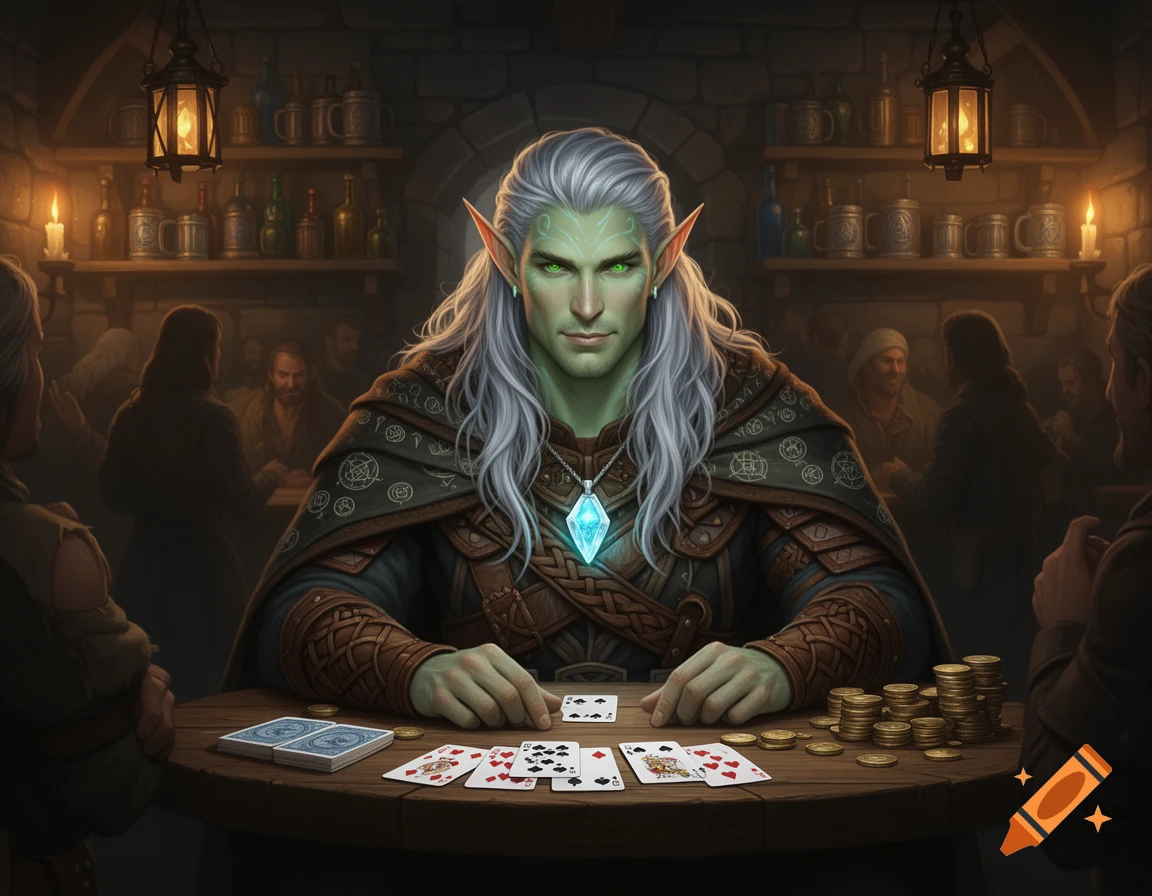 A green-skinned male elf with silver hair and glowing green eyes sits at a tavern table, playing cards and surrounded by gold coins.