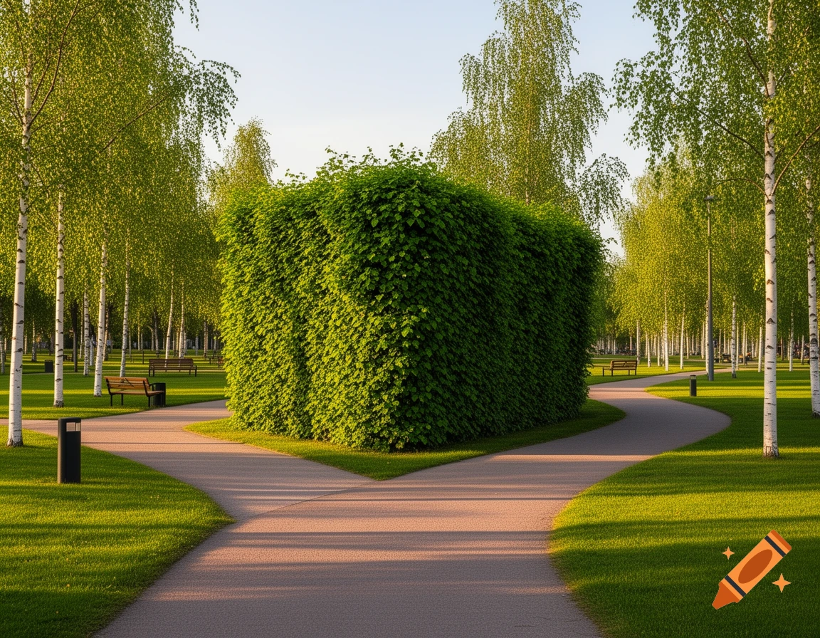 Photorealistic image of a public park with a large green hedge, winding paved paths, birch trees, and park benches on sunny green lawns.