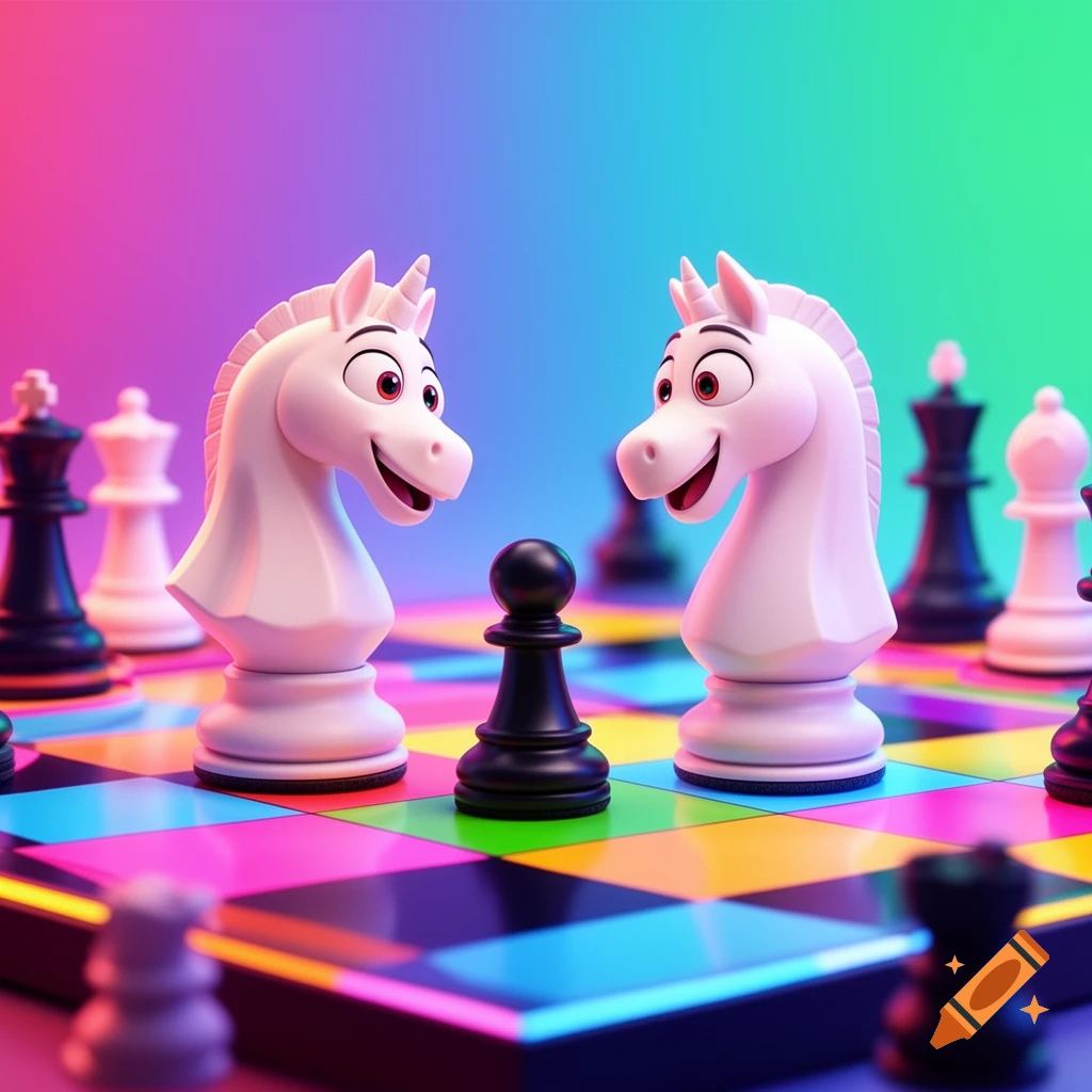 Two smiling white unicorn chess knights face a black pawn on a vibrant, neon-colored chessboard in a 3D cartoon style.