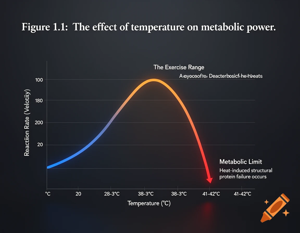 Line graph showing reaction rate (velocity) versus temperature, peaking at 38-390C and sharply declining at 41-420C.