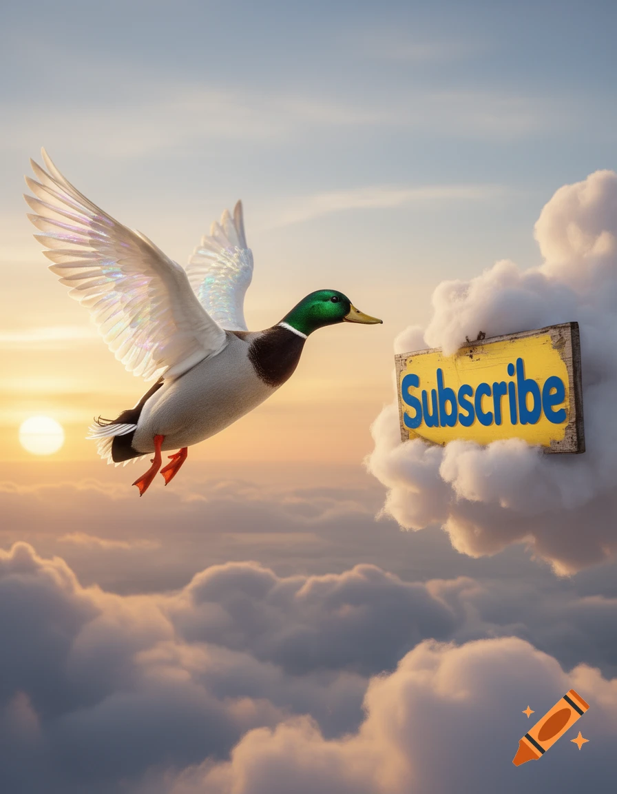 A mallard duck with iridescent wings flies through a cloudy sky towards a 'Subscribe' sign embedded in a cloud at sunset.